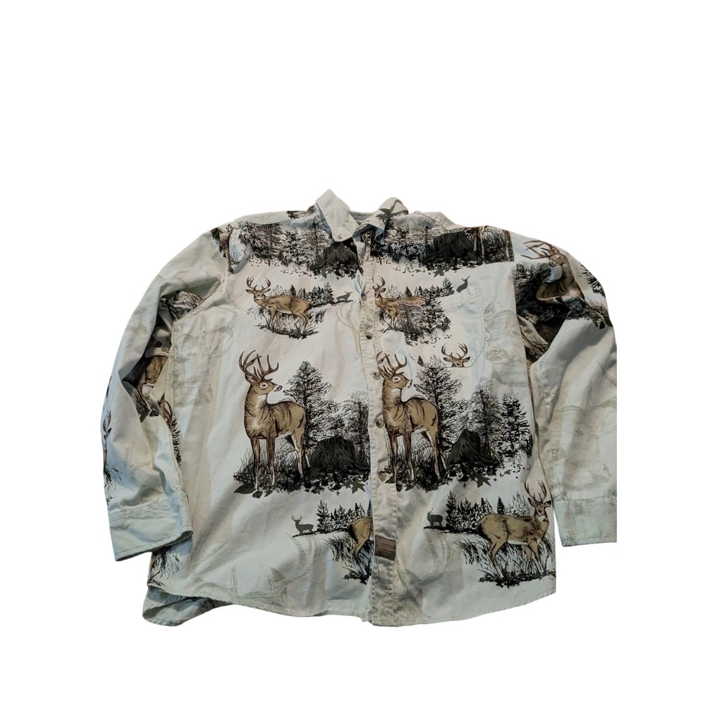 Outdoor Life Mens Large Deer‎ Wildlife Forest Print Cotton Button Down Shirt L